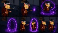 A 2x4 grid of animated frames showing a cartoon cat character in a wizard hat and cape casting purple magic spells in various poses, including conjuring a glowing purple portal.