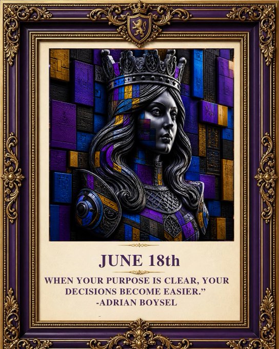 The image features a purple frame with a statue of a woman wearing a crown inside. Below the statue, there's text that reads "June 18th When your purpose is clear, your decisions become easier". The caption also includes an inspirational quote from Adrian Boysel about staying focused on one's goals and maintaining a sense of direction in life.