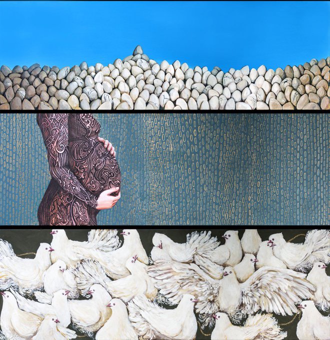 A triptych-style artwork shows a mound of smooth stones against a blue sky, a person in patterned clothing embracing a child, and a flock of white doves.
