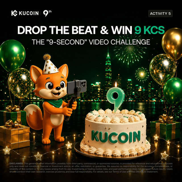 A KuCoin promotional image for "Activity 5" announces the "Drop the Beat & Win 9 KCS" 9-second video challenge, featuring an animated fox mascot in a party hat filming a 9th-anniversary KuCoin cake with a smartphone amid green balloons and fireworks. The festive scene ties directly to KuCoin's 9-year celebration, offering participants a chance to win KCS rewards through creative video submissions.