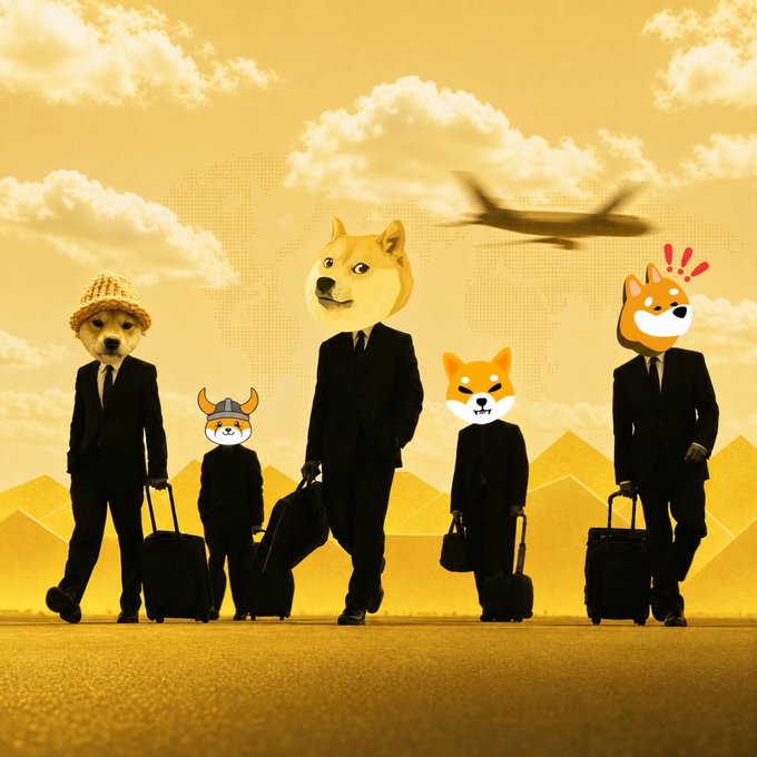A surreal composite image of five figures in black business suits carrying luggage, with cartoonish dog and Shiba Inu heads, walking against a yellow-toned desert and sky background with a blurred airplane overhead.