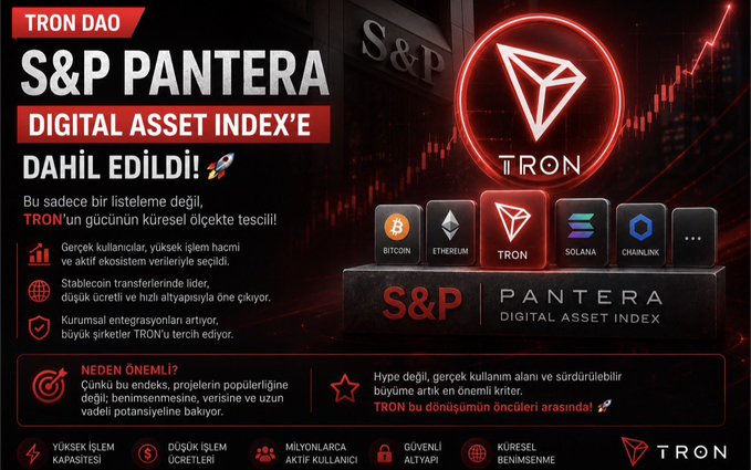 A promotional graphic from TRON DAO announces that TRON has been added to the S&P Pantera Digital Asset Index, alongside Bitcoin, Ethereum, Solana, and Chainlink, with Turkish text emphasizing that this is a historic recognition of TRON's real-world use, stablecoin transfer leadership, and institutional integration beyond mere listing. The image visually reinforces the post's message by highlighting TRON's inclusion alongside major crypto assets, underscoring its significance as a milestone moment for the project.