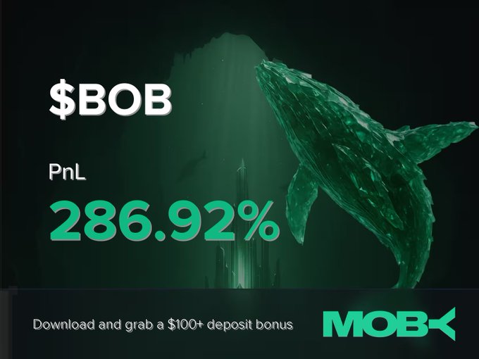 A promotional graphic from Moby featuring a green whale tail beside a rocket launch in space, advertising a "$BOB" trade win with a PnL of 286.92%, and offering a "$100+ deposit bonus" for downloading the app.