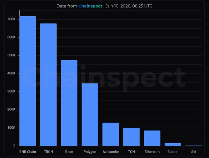 The image shows a bar graph that illustrates the number of transactions for various major blockchain networks, including Bitcoin. One of the largest bars represents Bitcoin's total transaction count from June 10th, 2021 through the current day. The title of the image is "Data from ChainingSpect".