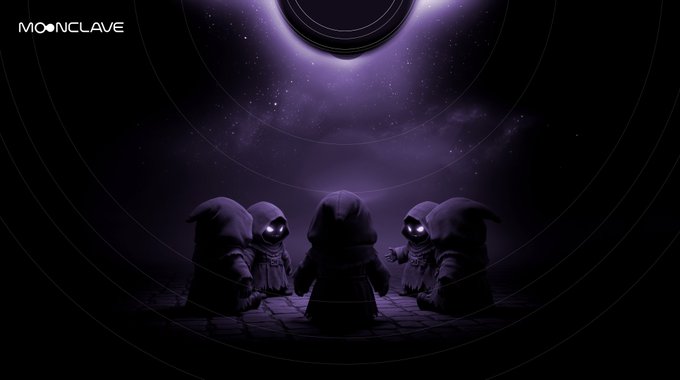 Dark purple-toned digital artwork with 'MOONCLAVE' logo showing four hooded figures with glowing eyes gathered in a circle beneath a large moon.