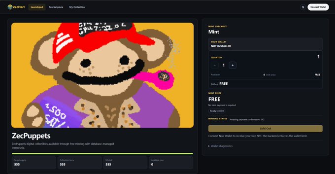 The image shows the launchpad minting page for "ZecPuppets" NFT collection on ZecMarket, displaying a pixel art monkey character wearing a red cap, with all minting statistics showing "$$$" placeholders, zero social media presence, and the "Connect Node Wallet" button disabled. This visual evidence supports the post's critique, as the backend appears unfinished with "Sold Out" status despite being a free mint, and the "Wallet diagnostics" warning confirms the interface isn't properly configured.