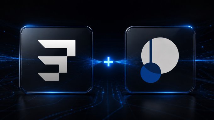 Two dark app icons with a glowing blue plus sign between them, set against a tech-inspired blue circuit board background.