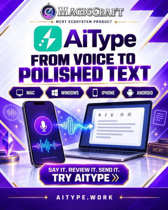 A promotional advertisement for AiType by MagicCraft reads 'FROM VOICE TO POLISHED TEXT,' showing a smartphone and laptop with platform availability for Mac, Windows, iPhone, and Android.