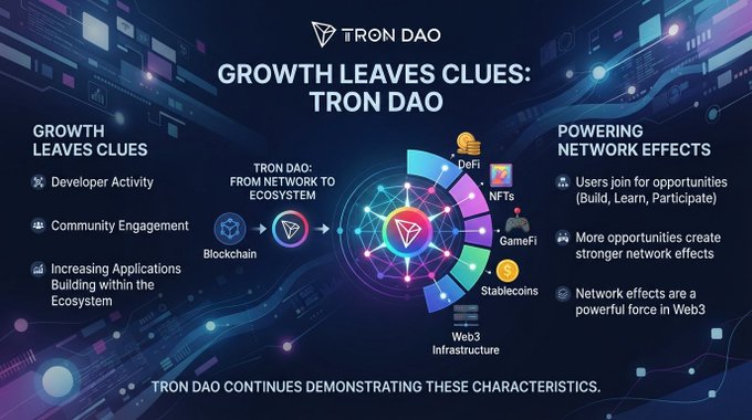 An infographic for TRON DAO titled 'GROWTH LEAVES CLUES: TRON DAO,' detailing developer activity, community engagement, ecosystem applications, DeFi, NFTs, GameFi, stablecoins, and Web3 infrastructure.