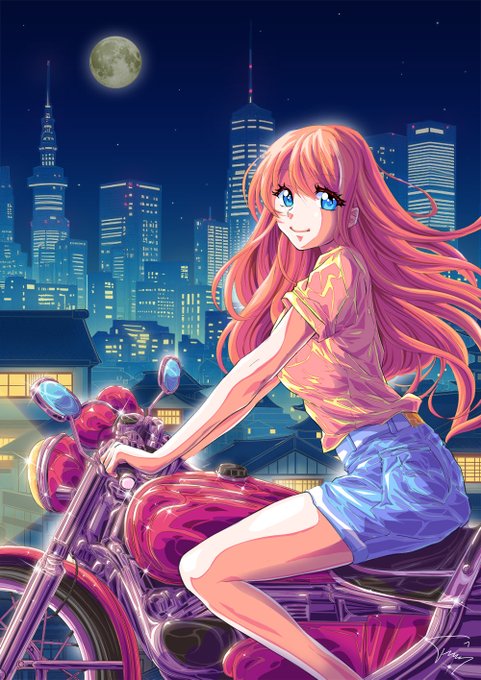 Anime-style illustration of a pink-haired girl in a yellow shirt and denim shorts sitting on a pink motorcycle, with a nighttime cityscape and full moon in the background.