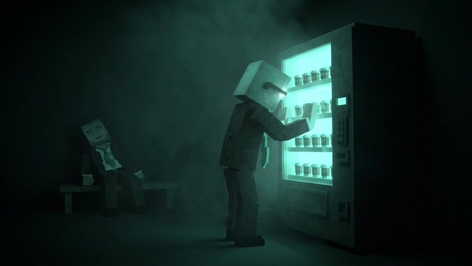 A businessman with a box for a head selects an item from a brightly lit vending machine, while another box-headed figure sits dejectedly on a bench in the foggy background, seemingly rejected by the machine that doesn't yet recognize $HYPE as currency.