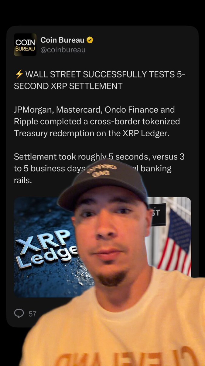 The image features a man wearing a baseball cap, looking at his phone screen with an expression that suggests he has just read some news or information. The text displayed on the screen includes mentions of Bitcoin, Ripple, and Wall Street, which indicates that the man is likely discussing cryptocurrency-related topics.
