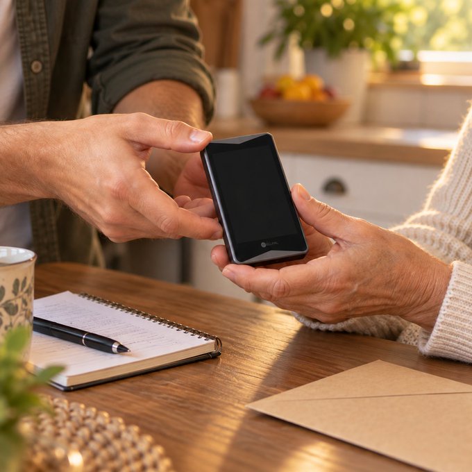 A younger handsman, dressed in a casual dark shirt, hands over a black smartphone-sized cold wallet device to an older person wearing a cream knit sweater at a wooden kitchen table, with a handwritten notebook, pen, kraft envelope, and coffee mug nearby. The scene illustrates the post's message about a family member agreeing in advance on where the written backup lives, who knows about it, and who to consult before receiving the device.