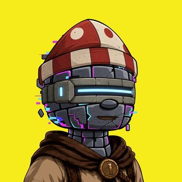 A stylized digital illustration of a robot character wearing a red mushroom-patterned beanie and a brown hooded cloak with a coin pendant, set against a bright yellow background.