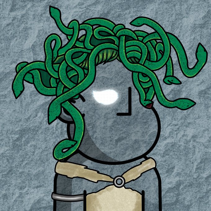 The image features a cartoon character, possibly a person or an animal, wearing a scarf and a headdress that are covered in green snakes. The snake-covered headdress has multiple snakes attached to it, giving the impression of a creature with many heads. The character is standing against a gray background, which contrasts with their colorful attire. The caption "still messing around with @npconchain 's base and having fun with it NPC" suggests that this image might be related to a post on social media or a personal project by someone named @npconchain.