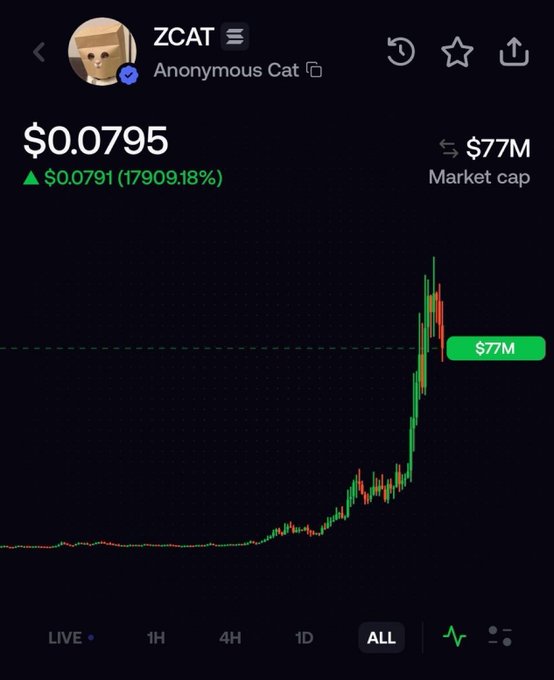 A cryptocurrency price chart for 'ZCAT Anonymous Cat' showing a price of '$0.0795' with a massive increase of '17909.18%' and a market cap of '$77M'.