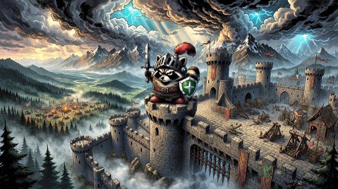 A cartoon raccoon knight with a green-cross shield and red-plumed helmet stands atop a fortress tower amid dramatic storm clouds and lightning, symbolizing the project's "battle" in the crypto space. The post celebrates the token "Jimothy" being newly listed on CoinMarketCap and verified on Phantom.