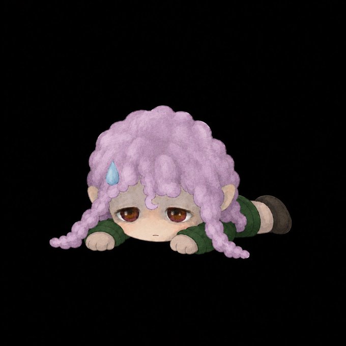 A chibi illustration of a pink-haired character with a blue sweat drop lying face-down on the ground, wearing a green outfit, capturing the exhausted, defeated mood of someone overwhelmed by crypto losses, NFT burnout, and begging for an airdrop.