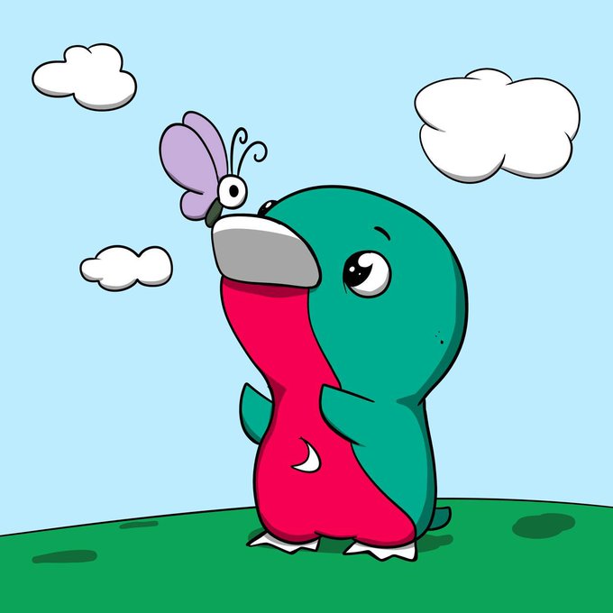 A cartoon illustration of a green and red creature looking up at a purple butterfly against a blue sky with white clouds.