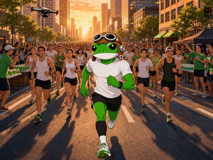 A digital illustration of an anthropomorphic green frog wearing athletic gear and sunglasses leading a marathon race through a city street at sunset.