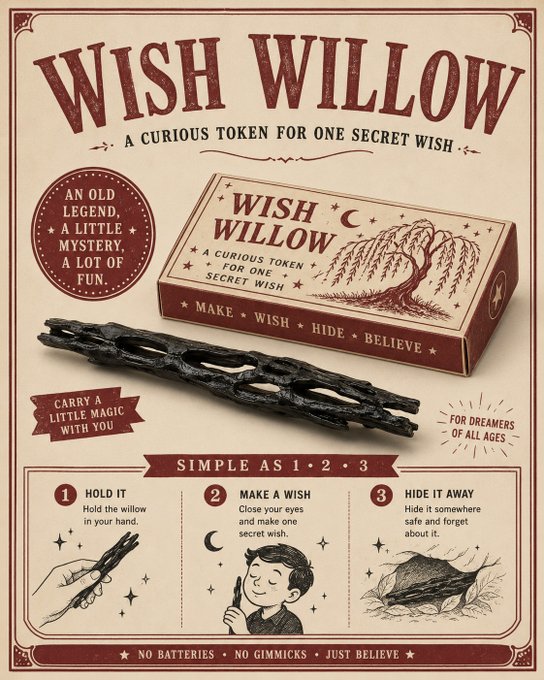 A vintage-style advertisement for 'WISH WILLOW' described as 'A CURIOUS TOKEN FOR ONE SECRET WISH,' showing a product box and twisted wooden sticks with three-step instructions: 'HOLD IT,' 'MAKE A WISH,' and 'HIDE IT AWAY.'