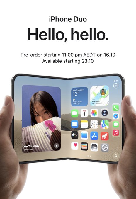 A promotional graphic for the 'iPhone Duo' with the headline 'Hello, hello,' advertising pre-orders starting 11:00 pm AEDT on 16.10 and availability from 23.10, showing hands holding a foldable iPhone displaying a home screen with various app icons.
