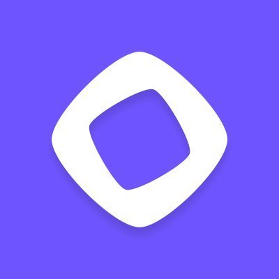 A white diamond-shaped logo with a hollow center on a purple background.
