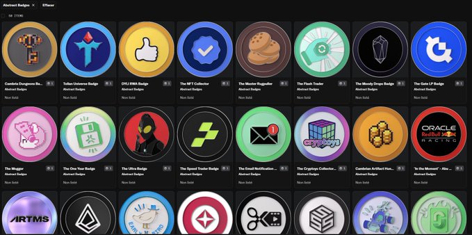 An OpenSea NFT collection page titled 'Abstract Badges' displaying various abstract badge designs including 'Cuntless Dungeon Ga...', 'Tallies Universe Badge', and 'DILI 8888 Badge'.