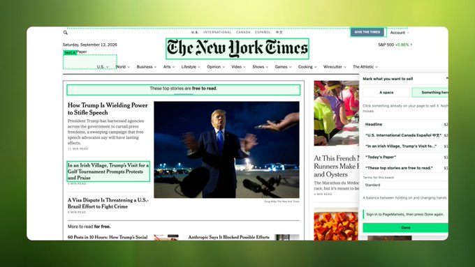 A screenshot of The New York Times website dated Saturday, September 12, 2020, with the S&P 500 ticker showing "+0.30%", features a lead story headlined "How Trump Is Wielding Power to Stifle Speech" alongside a photo of Trump at a podium with microphones, while a sidebar titled "Mark what you want to sell" offers a free trial of a digital subscription — the NYT paywall overlay contrasting with the post's warning about an opaque "$WEBSITE" crypto scheme whose financials the author says should not be investigated.