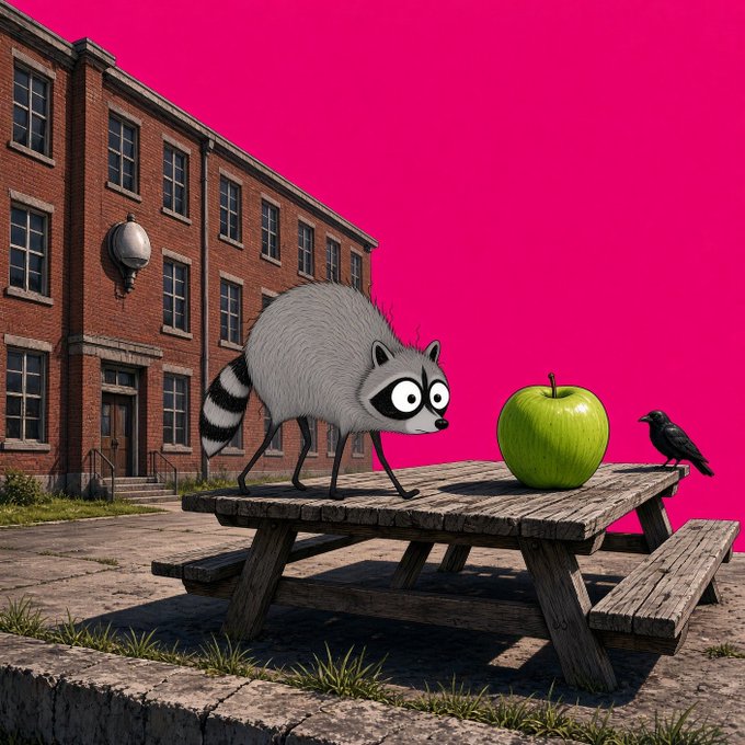 A surreal digital illustration of a raccoon with a striped tail looking at a green apple on a wooden picnic table, with a black crow nearby, set against a bright pink sky and a brick building backdrop.