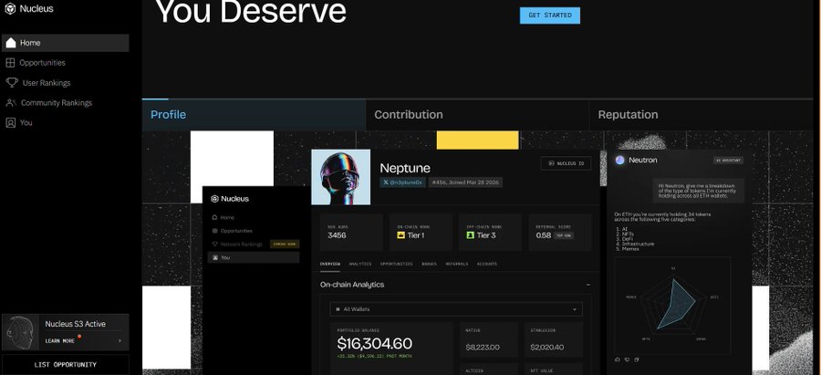 A screenshot of the 'Nucleus' web application displays a user profile for 'Neptune' (@itsbunne16), showing 'On-chain Analytics' with a portfolio balance of '$16,304.60' across wallets and exchanges like Binance and BingX.