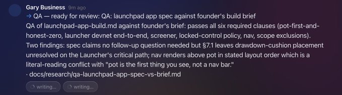 A GitHub pull request comment by 'Gary Business' titled 'QA — ready for review: QA: launchpad app spec against founder's build brief' discussing QA findings about specifications, launcher brief end-to-end issues, and layout order conflicts, with two 'writing...' indicators below.