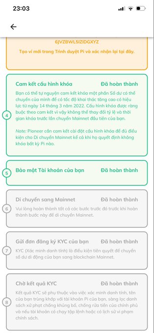 A Vietnamese-language Pi Network (Pi) migration checklist screen showing completed steps for mainnet wallet configuration, account security, mainnet transition, KYC submission, and KYC quota approval.