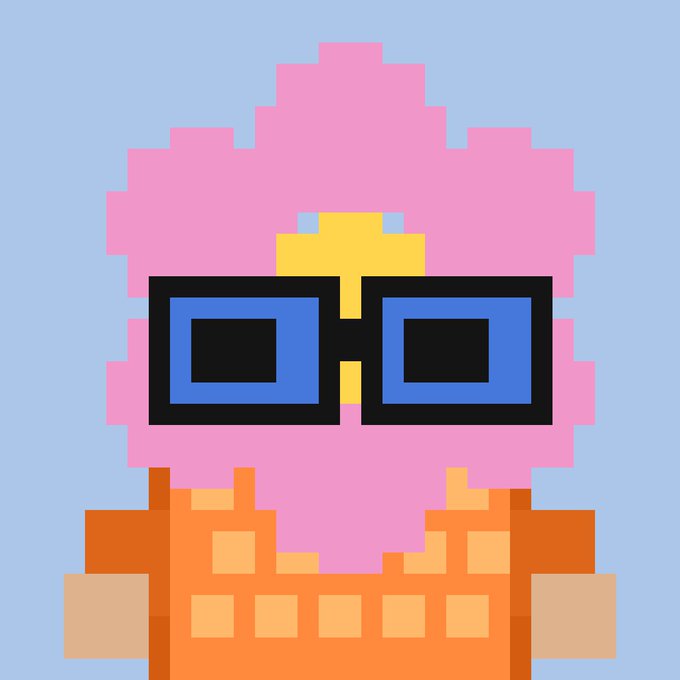 A pixel art character with pink hair, wearing blue square sunglasses, a yellow beak-like nose, and an orange overalls outfit against a light blue background.