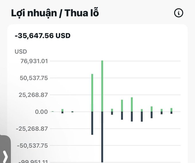 A financial chart titled 'Lợi nhuận / Thua lỗ' showing a profit/loss figure of -35,647.56 USD with green and black bars against a USD scale ranging from -88,951.11 to 76,931.01.