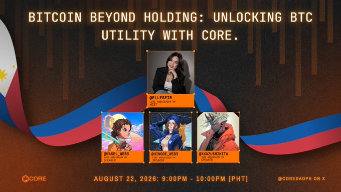 Promotional graphic for a X/Twitter Space titled "Bitcoin Beyond Holding: Unlocking BTC Utility with Core," scheduled for August 22, 2026 from 9:00-10:00 PM PHT, featuring host @belleseth_ and guests @owaseh_webs, @h1node_webs, and @rxkazushikita, organized by @CoreDaoph.