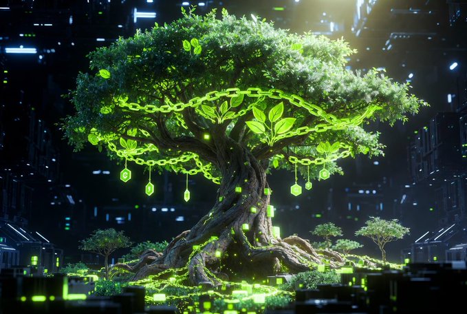 A glowing digital tree with neon green chains and leaves stands in a futuristic dark environment with floating green particles and tech elements.
