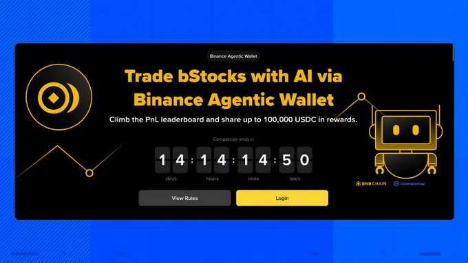 A promotional banner for 'Binance Agentic Wallet' with the headline 'Trade bStocks with AI via Binance Agentic Wallet', offering up to 100,000 USDC in rewards, featuring a countdown timer of 14 days, 14 hours, 14 minutes, 50 seconds, and logos for BNB Chain and ConsumerCap.