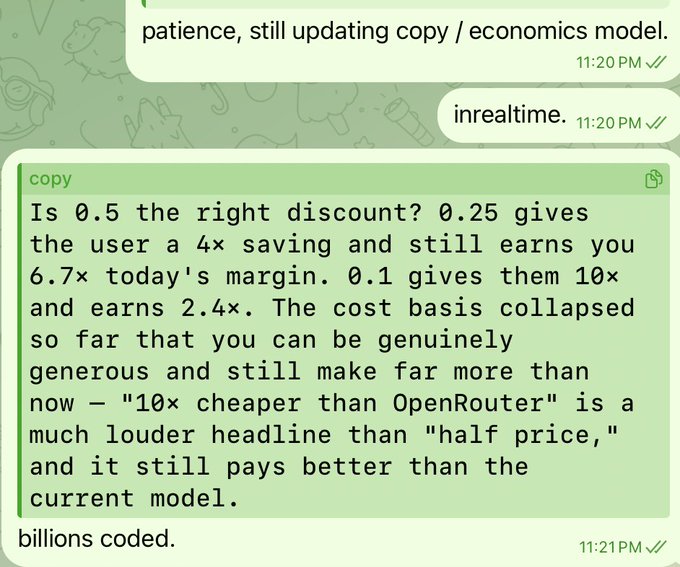 A WhatsApp-style chat conversation where someone is updating copy/economics model, noting that '0.5 the right discount? 0.25 gives the user a 4× saving and still earns you 6.7× today's margin', with a follow-up message 'billions coded.'
