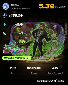 The image shows a STEPN GO fitness app screenshot displaying a completed walking session with 2.01 km covered in 00:29:08 at 4.13 avg speed, earning 5.32 GGT/MIN at level 30 for trainer #685343404. The Japanese post mentions finishing work and aiming to walk 42 km in STEPN despite the rain, aligning with the walking stats shown.