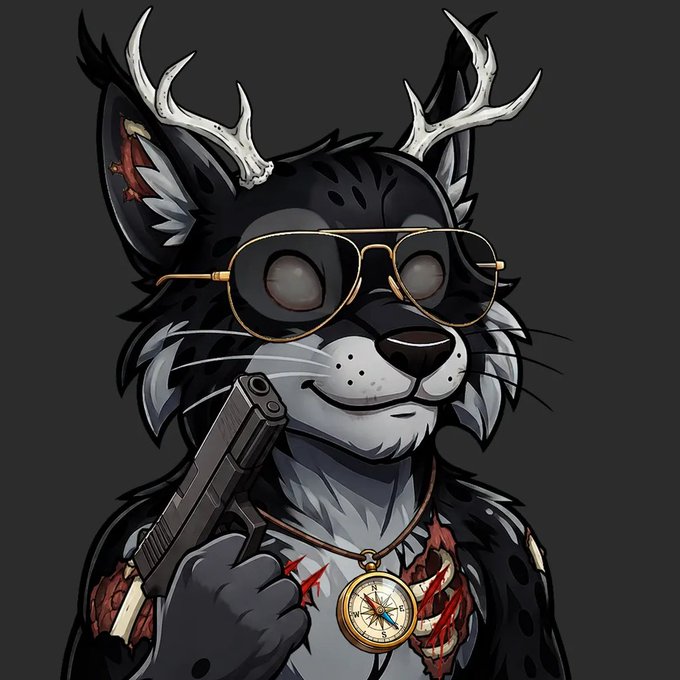 Stylized illustration of an anthropomorphic black cat with deer antlers, wearing gold-rimmed aviator sunglasses, a compass necklace, and holding a handgun with a bloody chest.