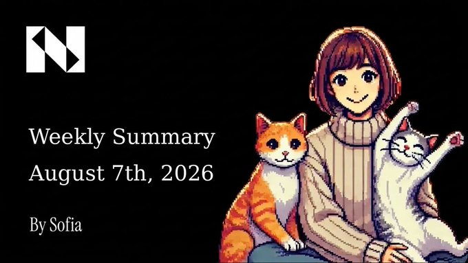 A presentation slide titled 'Weekly Summary August 7th, 2026' by Sofia, featuring an illustration of a smiling woman holding a Shiba Inu dog and a white cat, with a logo in the top left.