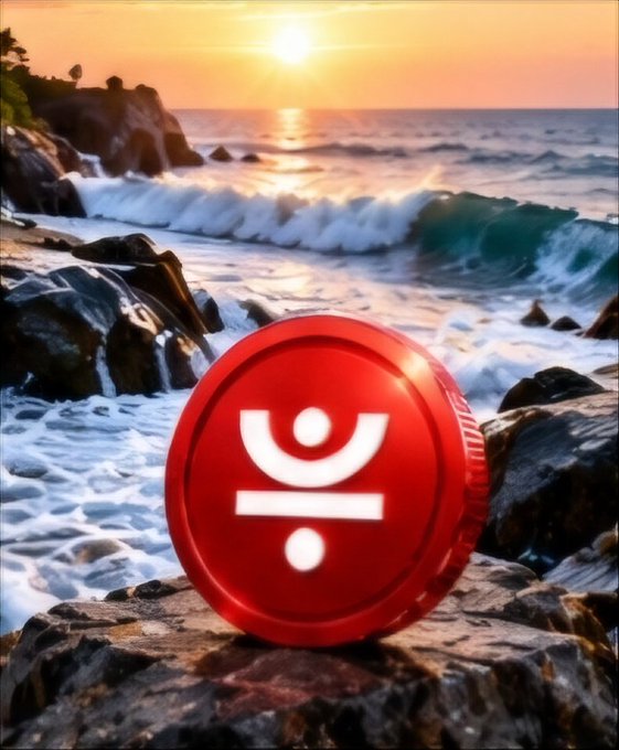 A red circular token with the same white symbol sits on rocks by the ocean as waves crash and the sun sets in the background.