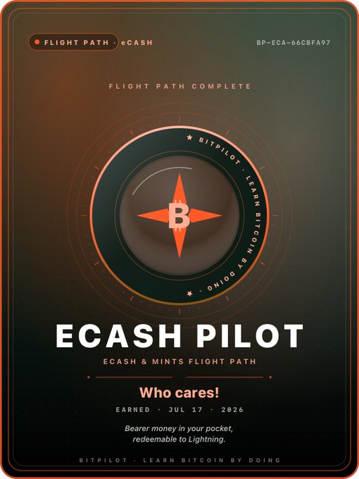 A digital 'ECASH PILOT' certificate from Bitpilot dated Jul 17, 2026, with a compass design and the text 'FLIGHT PATH COMPLETE' and 'Who cares!'