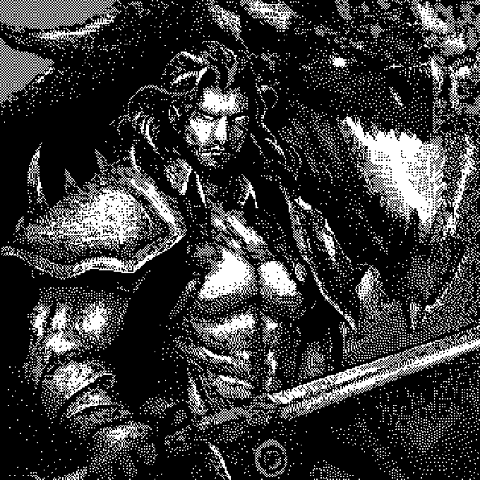Black and white dithered pixel art depicting a knight in armor with a sword, accompanied by a smaller armored figure.