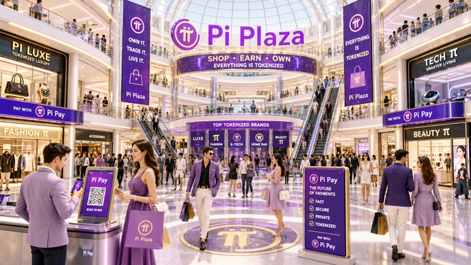 The image depicts a vibrant "Pi Plaza" shopping mall concept promoting the Pi cryptocurrency ecosystem, featuring banners with slogans like "OWN IT. TRADE IT. LIVE IT." and "EVERYTHING IS TOKENIZED," along with storefronts for "Pi Luxe," "Tech Pi," "Fashion Pi," and "Beauty Pi," all branded with the Pi Network logo and QR codes for "Pi Pay" payments. 

The illustration visualizes the post's message by imagining a fully realized Pi economy where tokenized commerce thrives—reflecting the strong, engaged Pi community (18.1M KYC-verified users) actively shopping, earning, and spending Pi, while the broader market, like the imaginary "real world" outside this plaza, remains largely unaware of Pi's practical, built-out potential.
