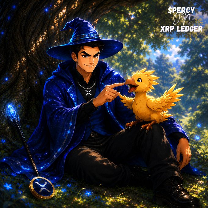 Anime-style illustration labeled 'SPERCY ON XRP LEDGER,' depicting a wizard in a starry blue robe pointing at a small yellow bird creature, with an XRP-themed staff leaning against a tree.
