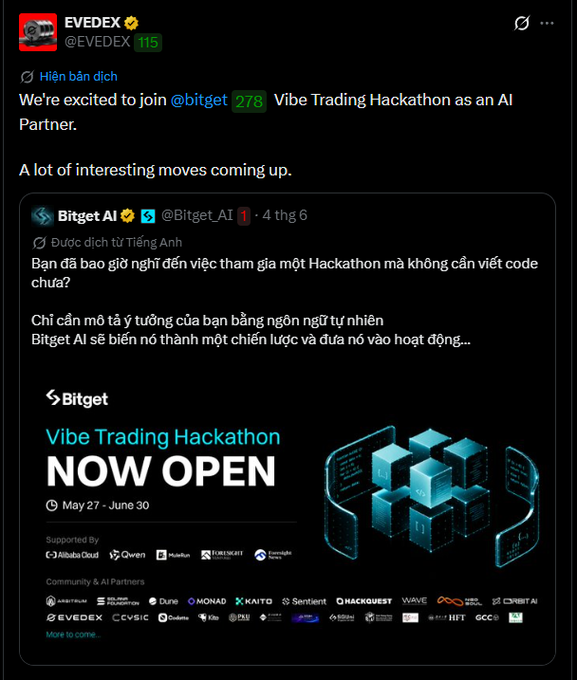 The image shows a screenshot of a social media post from a user who posted about an AI trading hackathon. The poster contains information such as the date, time, and event details for the hackathon, along with information about the hashtag #AItradingHackathon that was used to share this message on Twitter or other social media platforms.