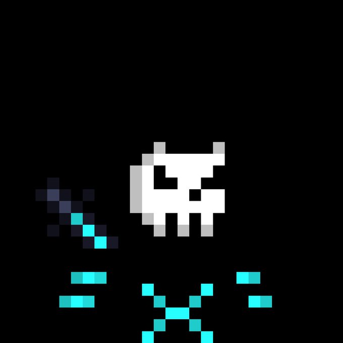 Pixel art depicting a white cat-like figure alongside cyan colored symbols and a sword-like object on a black background.