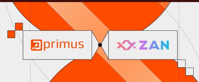 A graphic banner with an orange geometric background showing a partnership between 'primus' and 'ZAN' connected by a central black dot.
